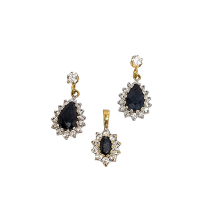 Elegant 9ct yellow gold teardrop sapphire dangle cluster halo earrings and pendant set