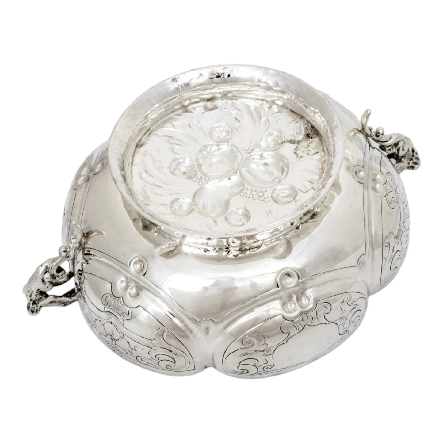 Georgian sterling silver lobed embossed fruit bowl with flying dog handles
