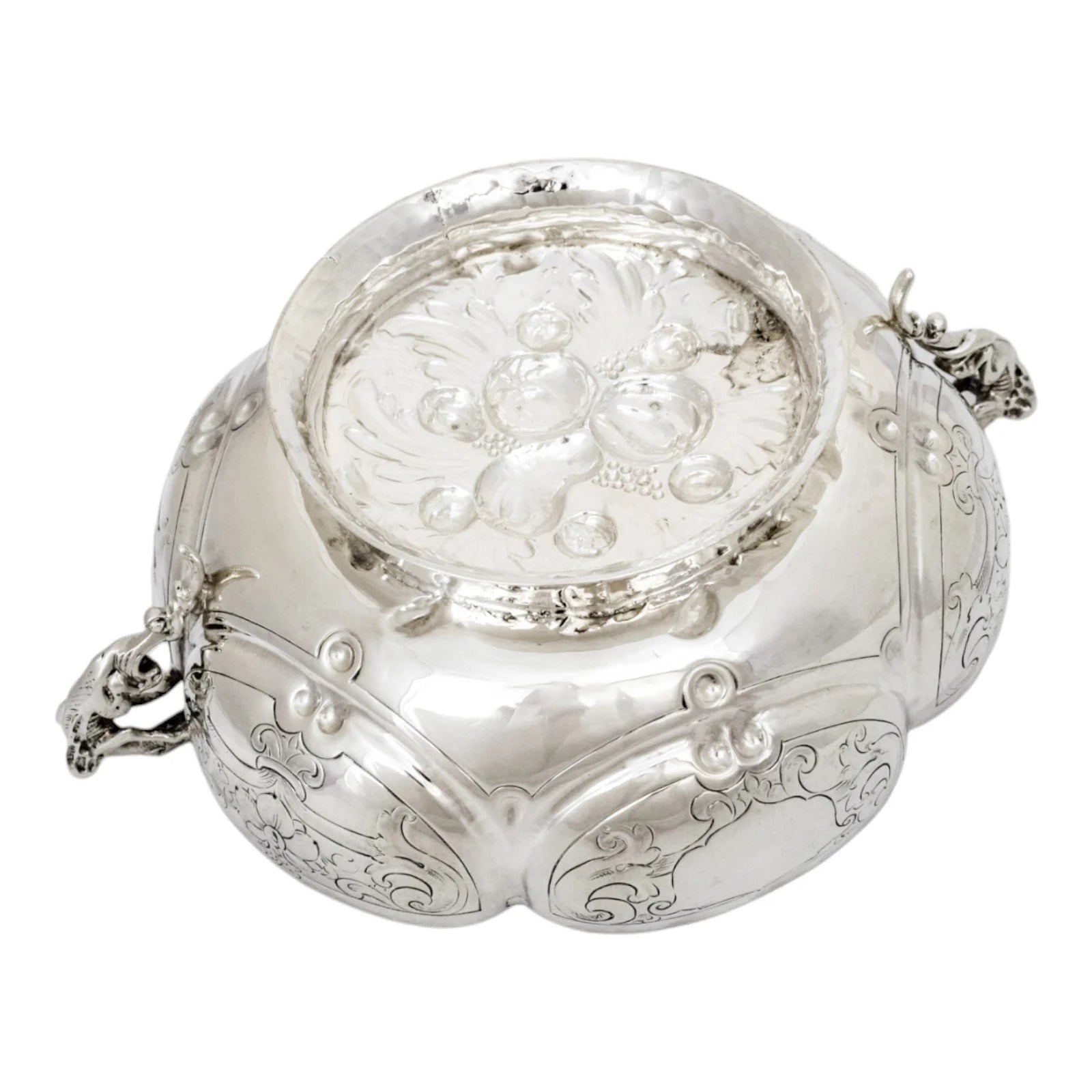 Georgian sterling silver lobed embossed fruit bowl with flying dog handles