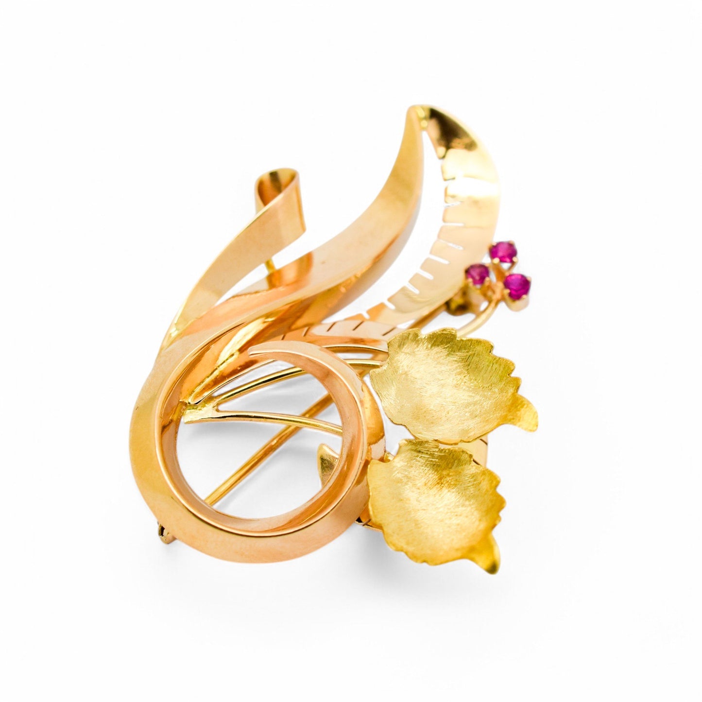 Vintage 1960's boxed Italian Varese 18ct gold floral spray brooch set with pink sapphires