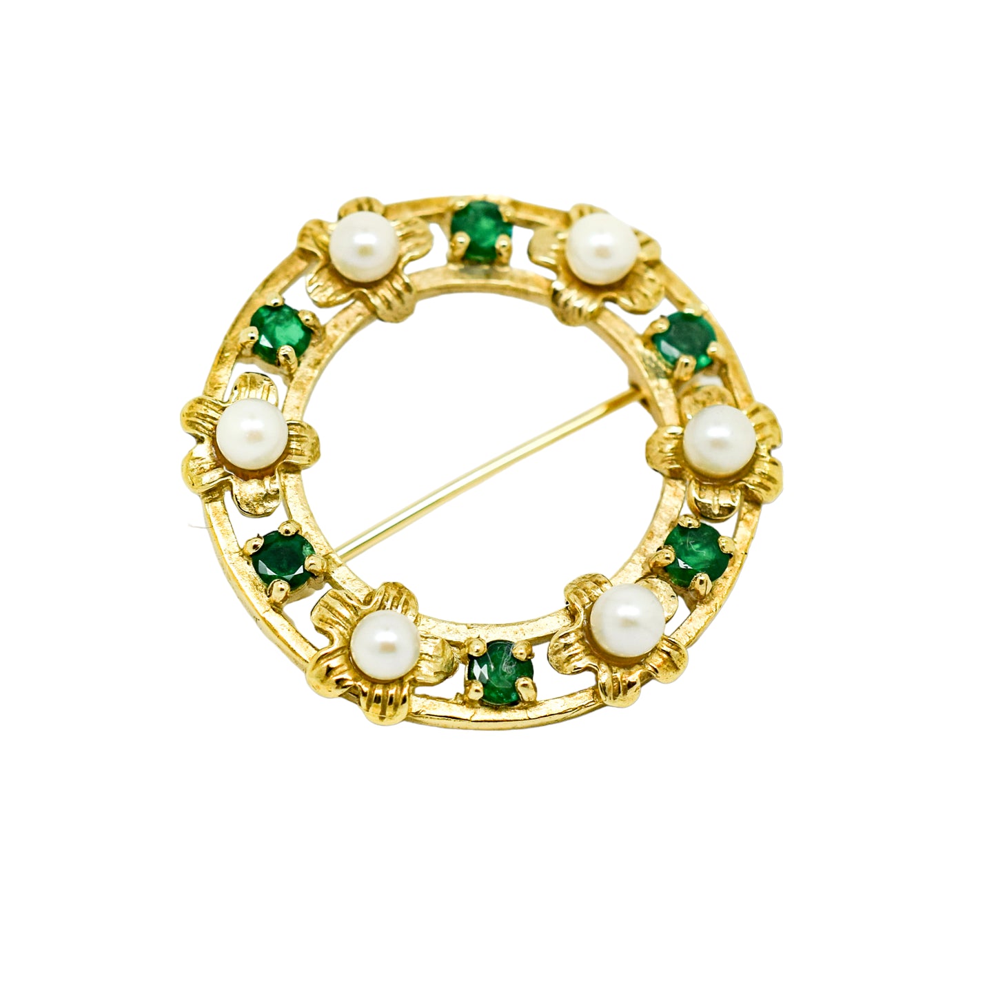 Vintage 9ct gold round openwork brooch / lace pin set with pearl flowers and emeralds
