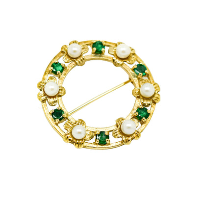 Vintage 9ct gold round openwork brooch / lace pin set with pearl flowers and emeralds