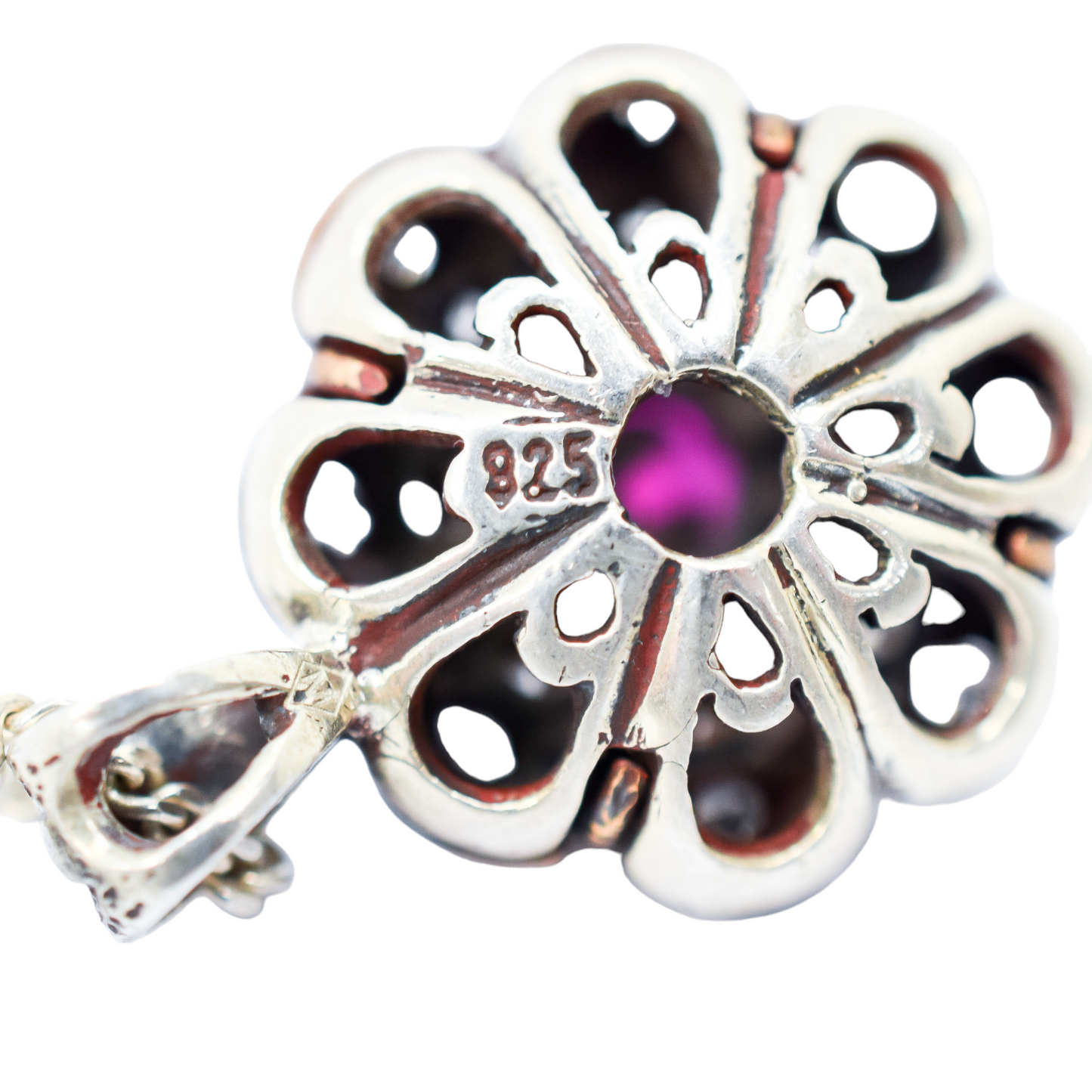 Renaissance style sterling silver cluster floral drop pendant necklace, ruby and paste