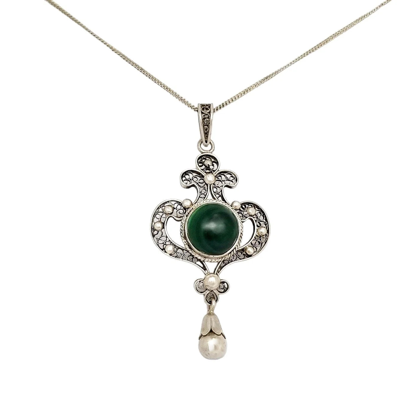 Art Nouveau silver filigree lavaliere malachite pendant necklace