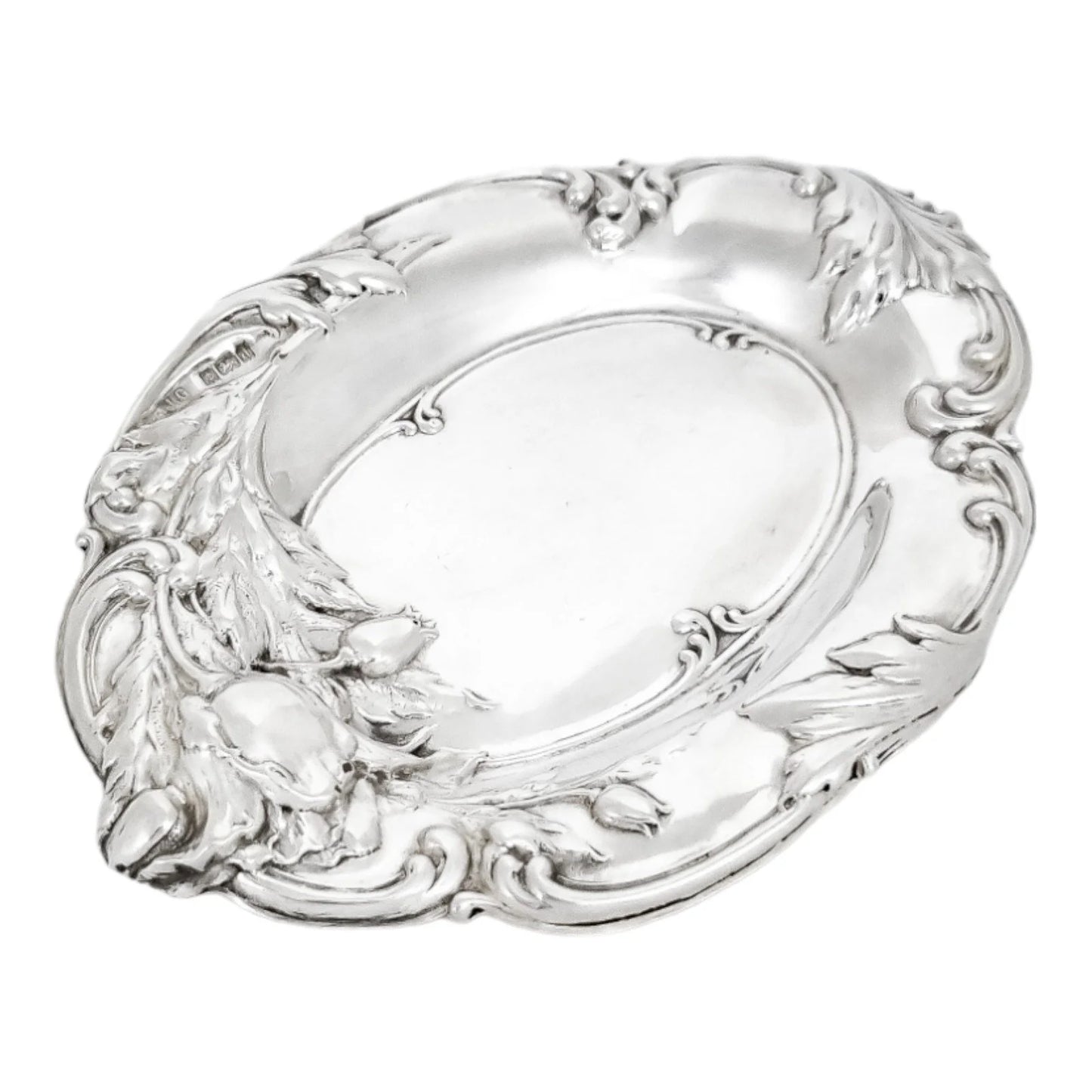Edwardian sterling silver dressing table pin dish embossed with tulips and foliage