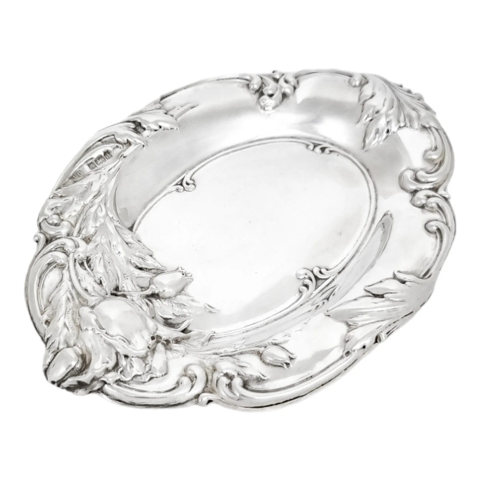 Edwardian sterling silver dressing table pin dish embossed with tulips and foliage
