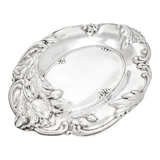 Edwardian sterling silver dressing table pin dish embossed with tulips and foliage