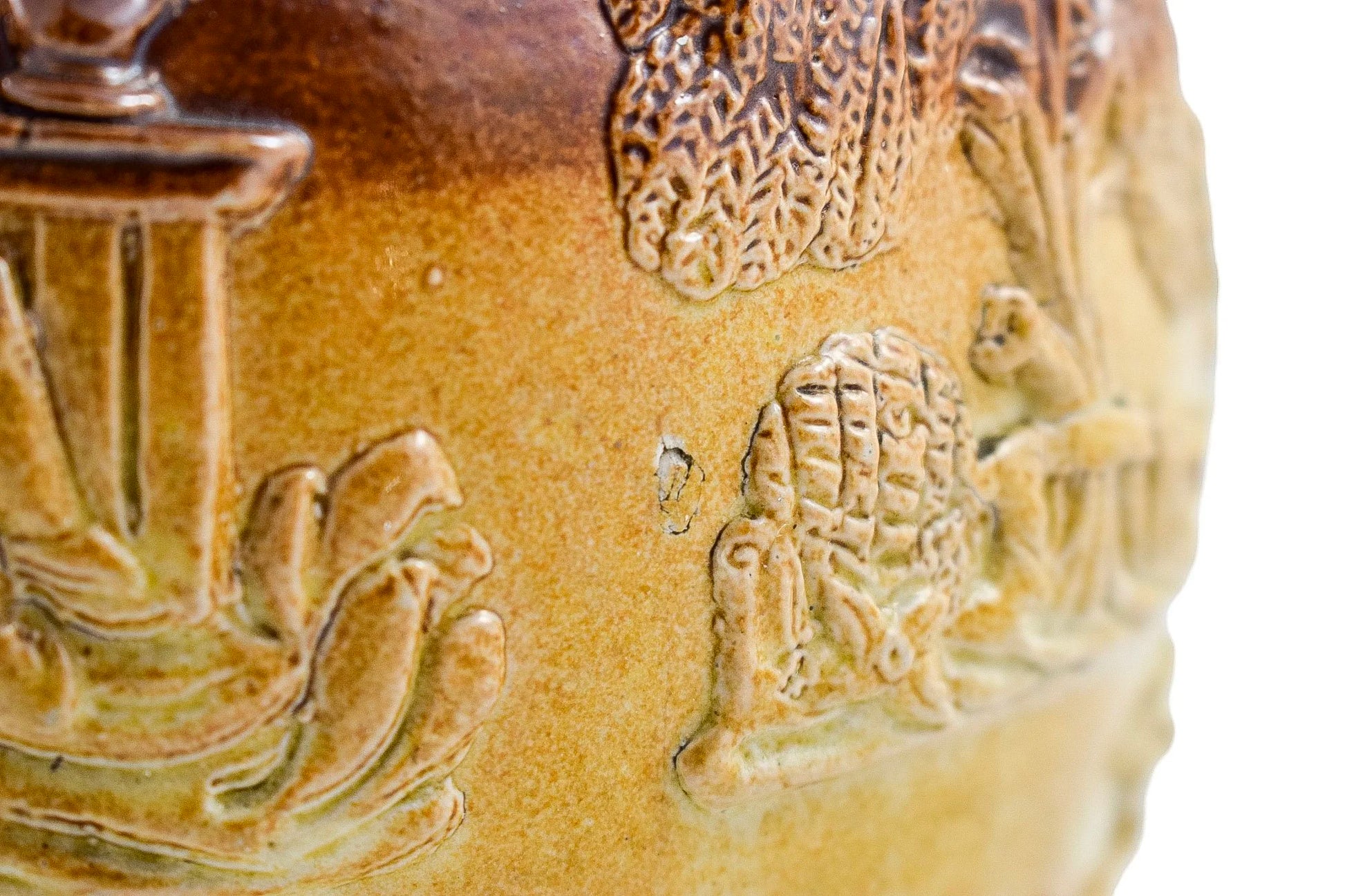 Victorian salt glaze two-tone stoneware jug with foxhunt and village scenes, style of Doulton Lambeth