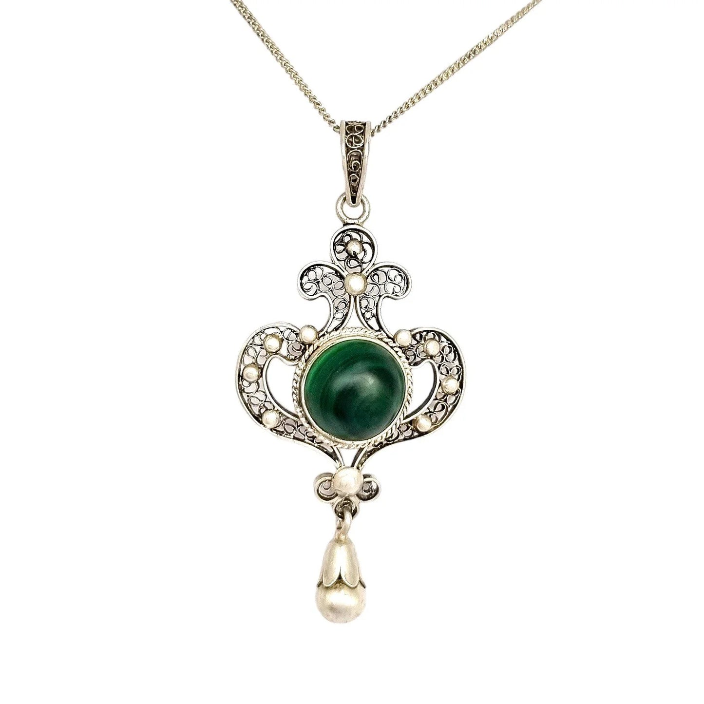 Art Nouveau silver filigree lavaliere malachite pendant necklace