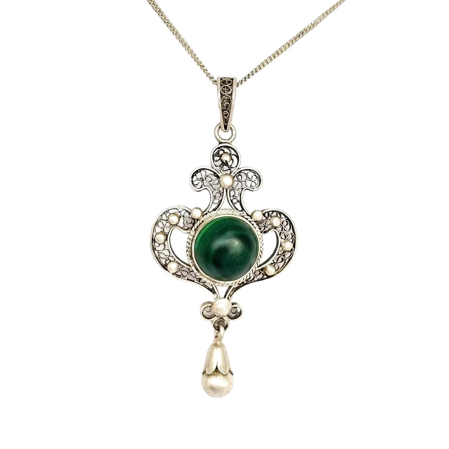 Art Nouveau silver filigree lavaliere malachite pendant necklace