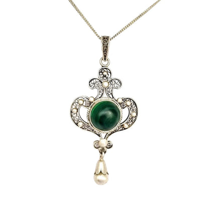 Art Nouveau silver filigree lavaliere malachite pendant necklace