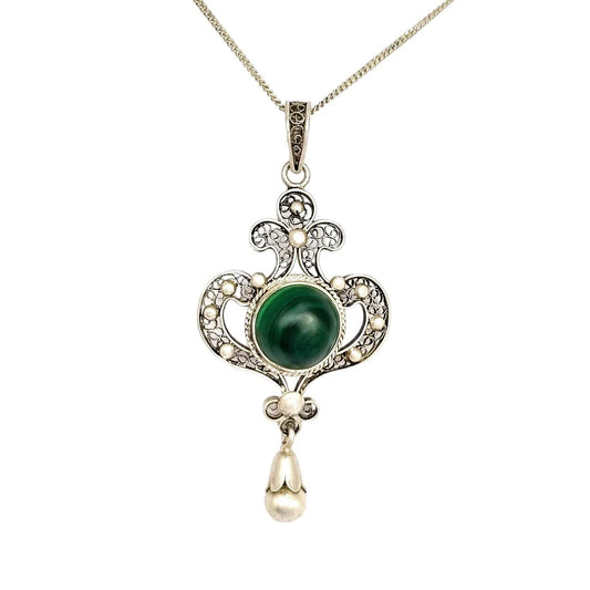Art Nouveau silver filigree lavaliere malachite pendant necklace