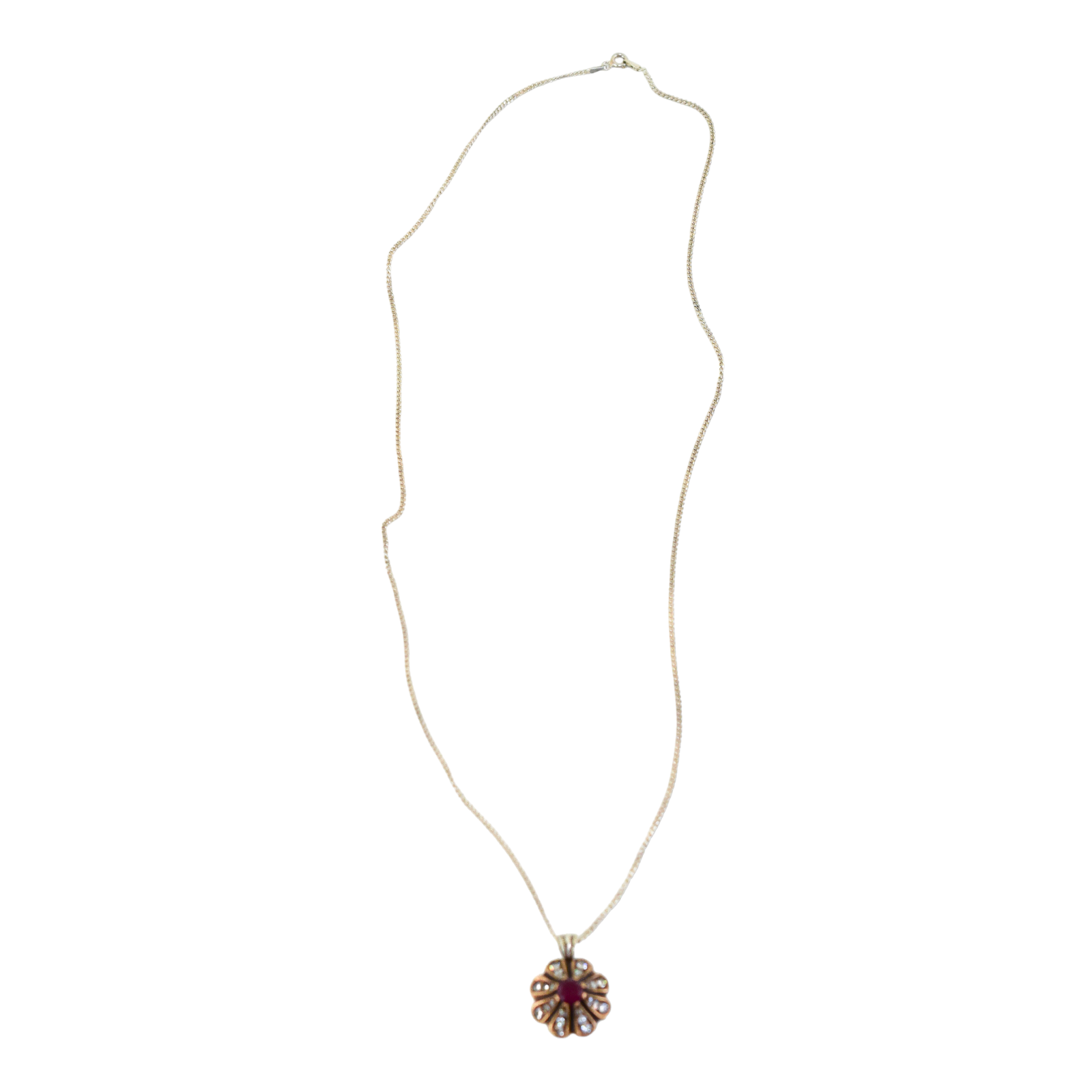 Renaissance style sterling silver cluster floral drop pendant necklace, ruby and paste