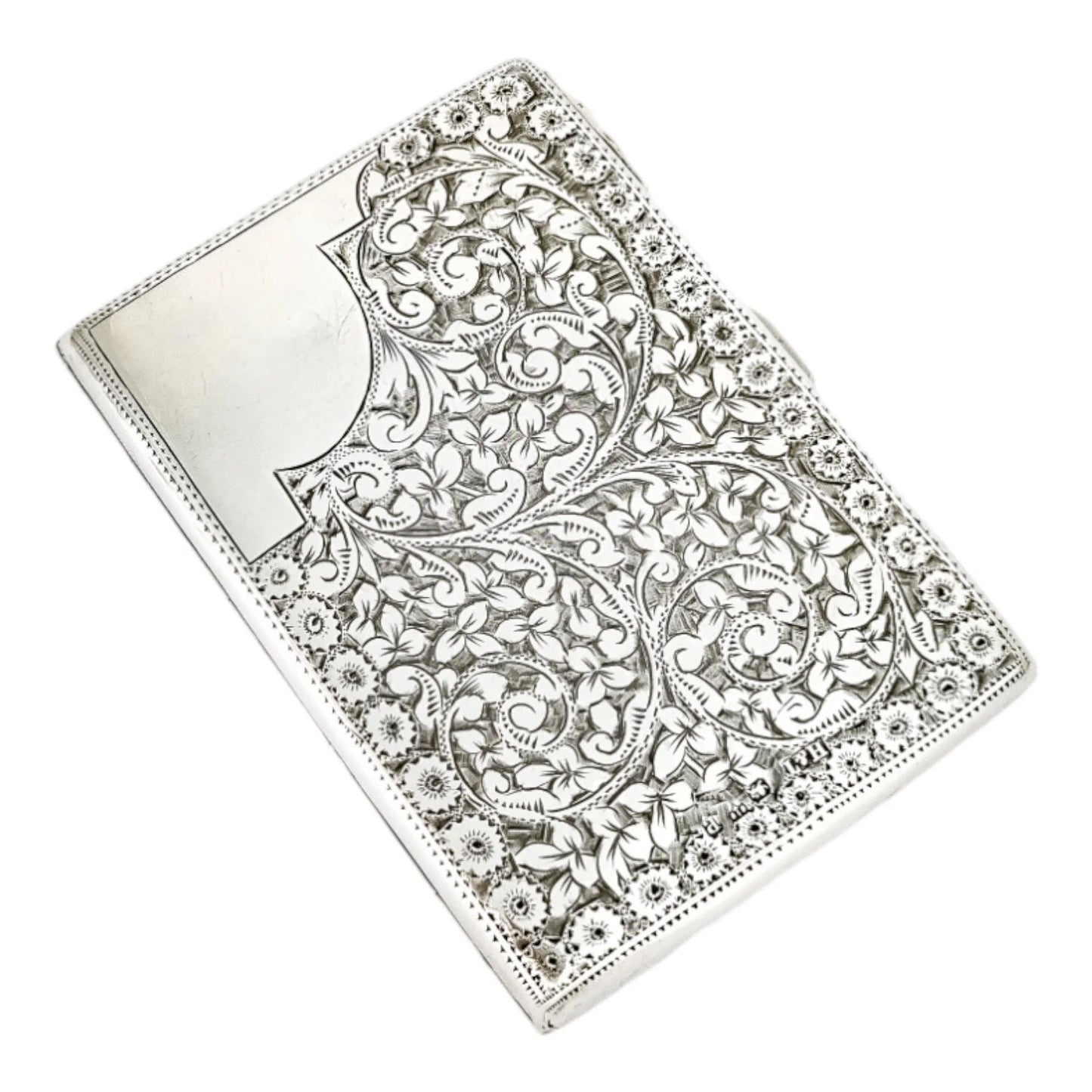 Victorian Chester sterling silver large silk concertina card case, engraved with scrolls