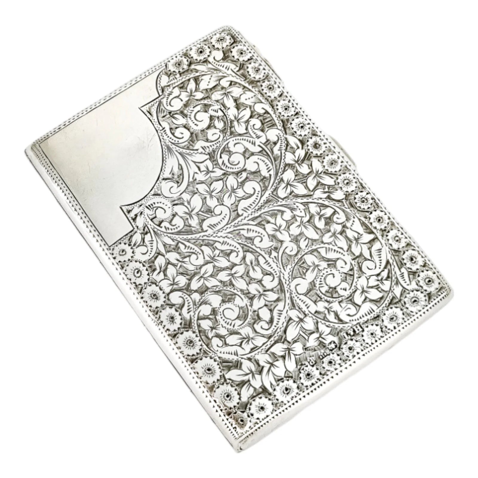 Victorian Chester sterling silver large silk concertina card case, engraved with scrolls