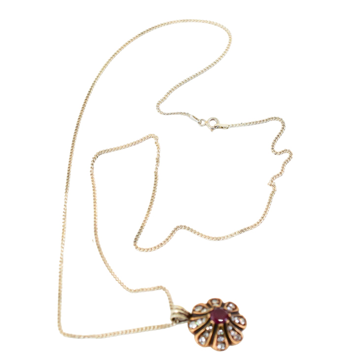 Renaissance style sterling silver cluster floral drop pendant necklace, ruby and paste