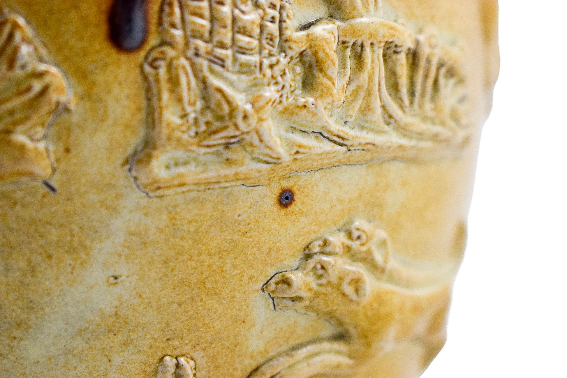Victorian salt glaze two-tone stoneware jug with foxhunt and village scenes, style of Doulton Lambeth