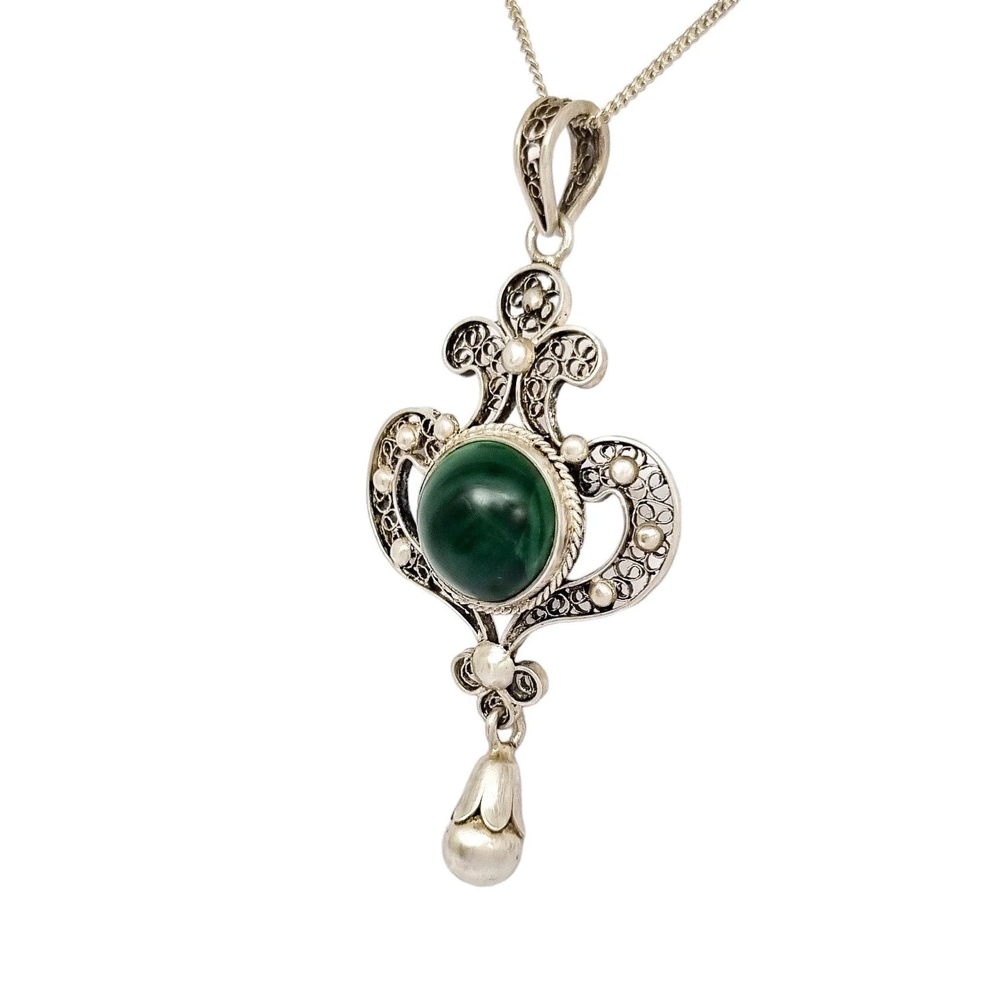 Art Nouveau silver filigree lavaliere malachite pendant necklace