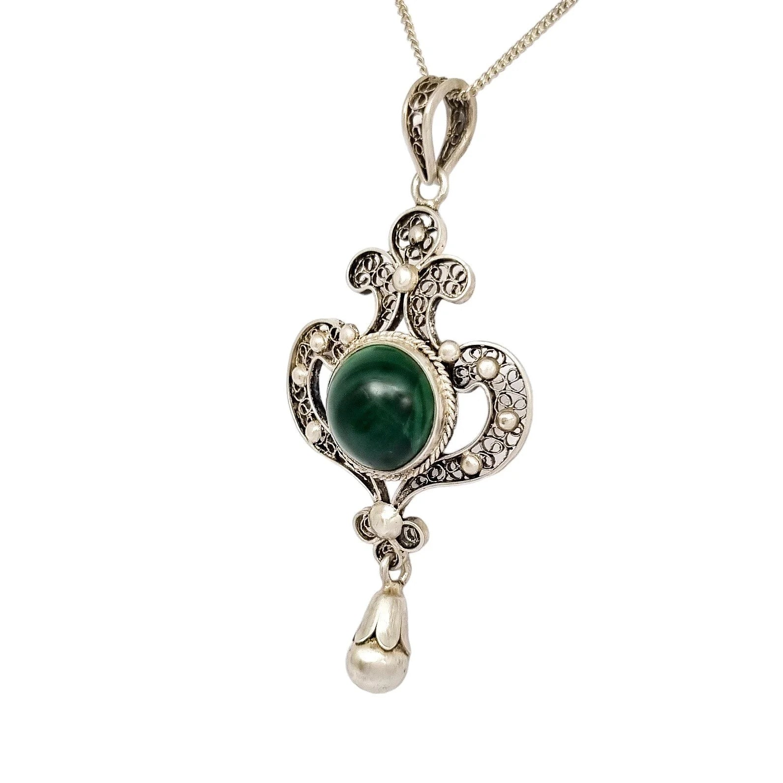 Art Nouveau silver filigree lavaliere malachite pendant necklace