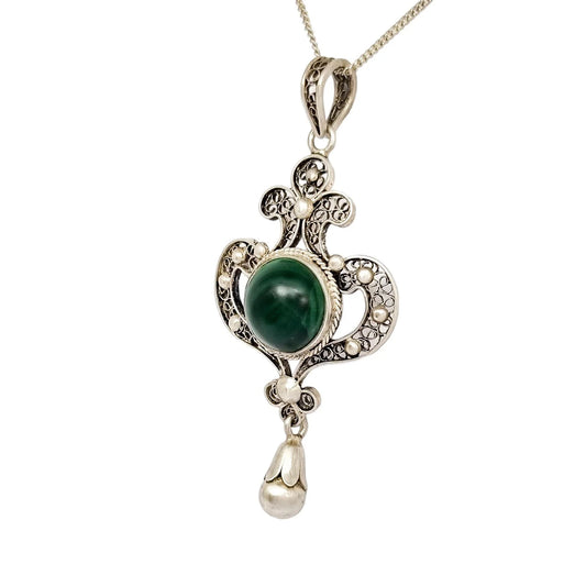 Art Nouveau silver filigree lavaliere malachite pendant necklace