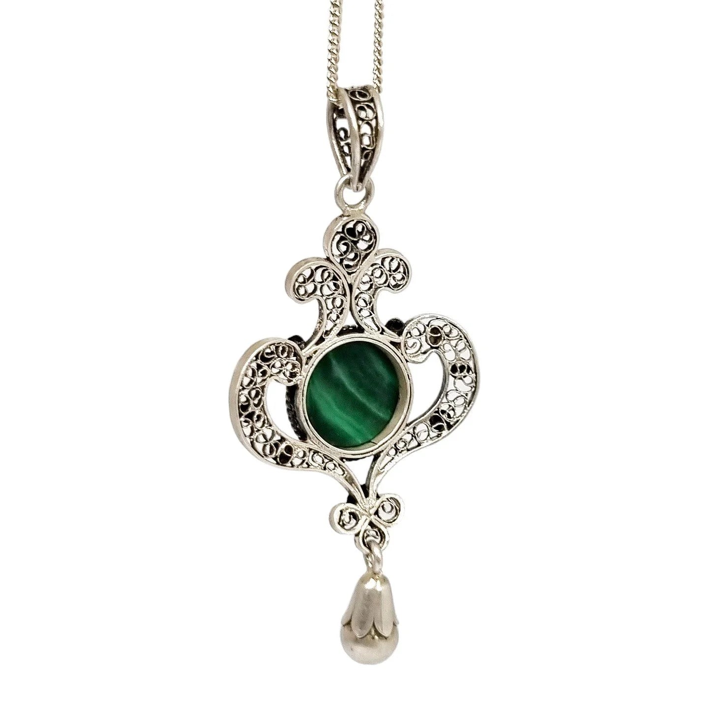 Art Nouveau silver filigree lavaliere malachite pendant necklace