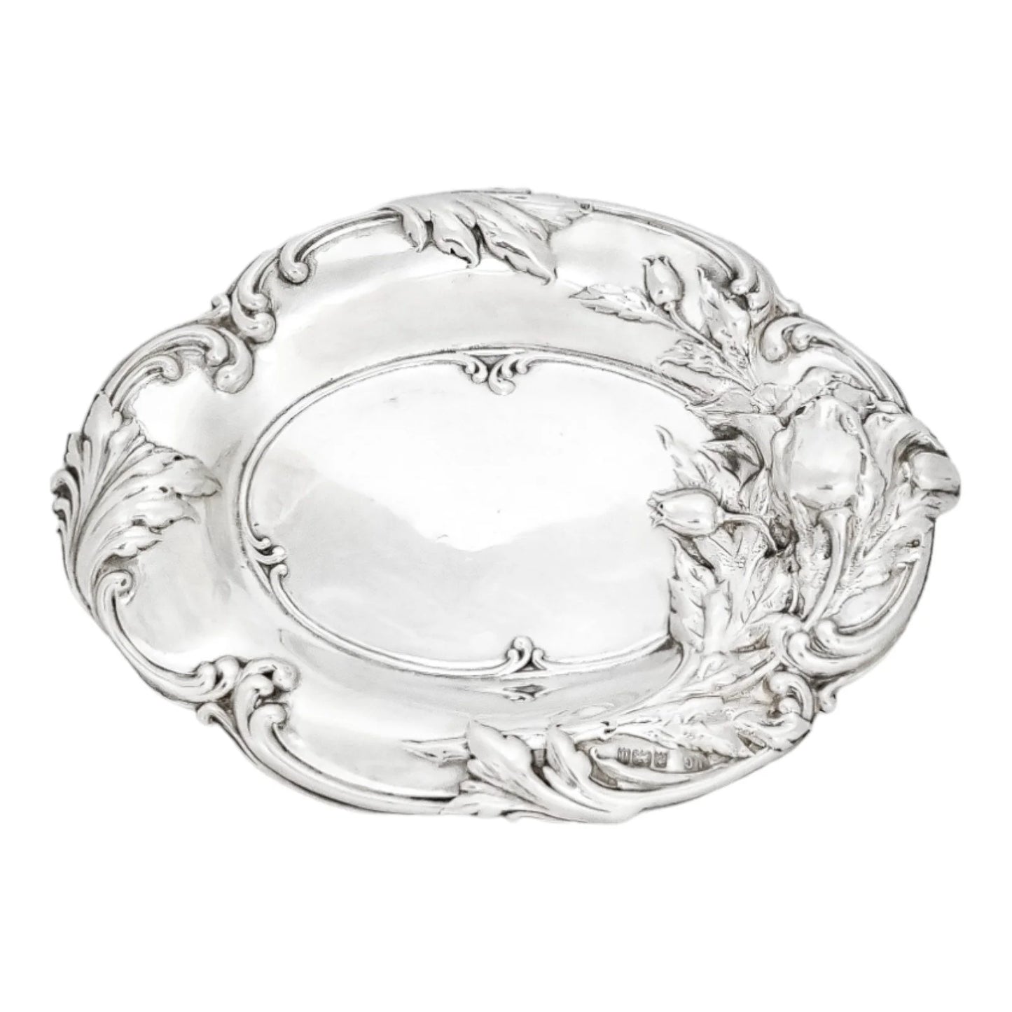 Edwardian sterling silver dressing table pin dish embossed with tulips and foliage
