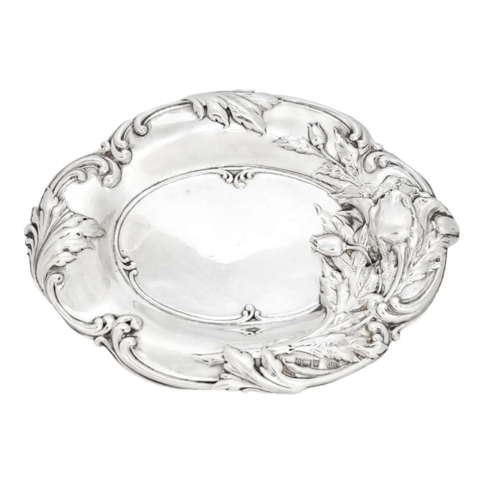 Edwardian sterling silver dressing table pin dish embossed with tulips and foliage