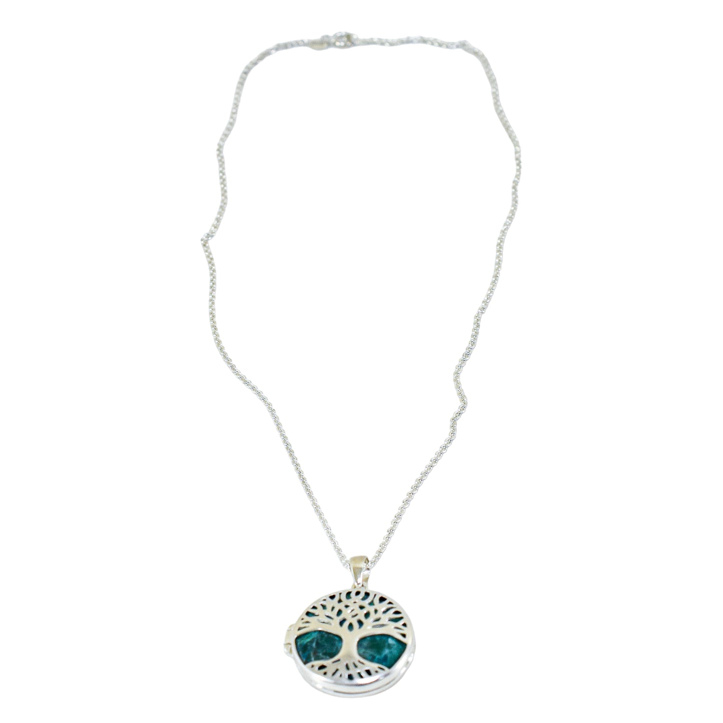 Sterling silver Tree of Life locket pendant necklace with green Chrysocolla stone