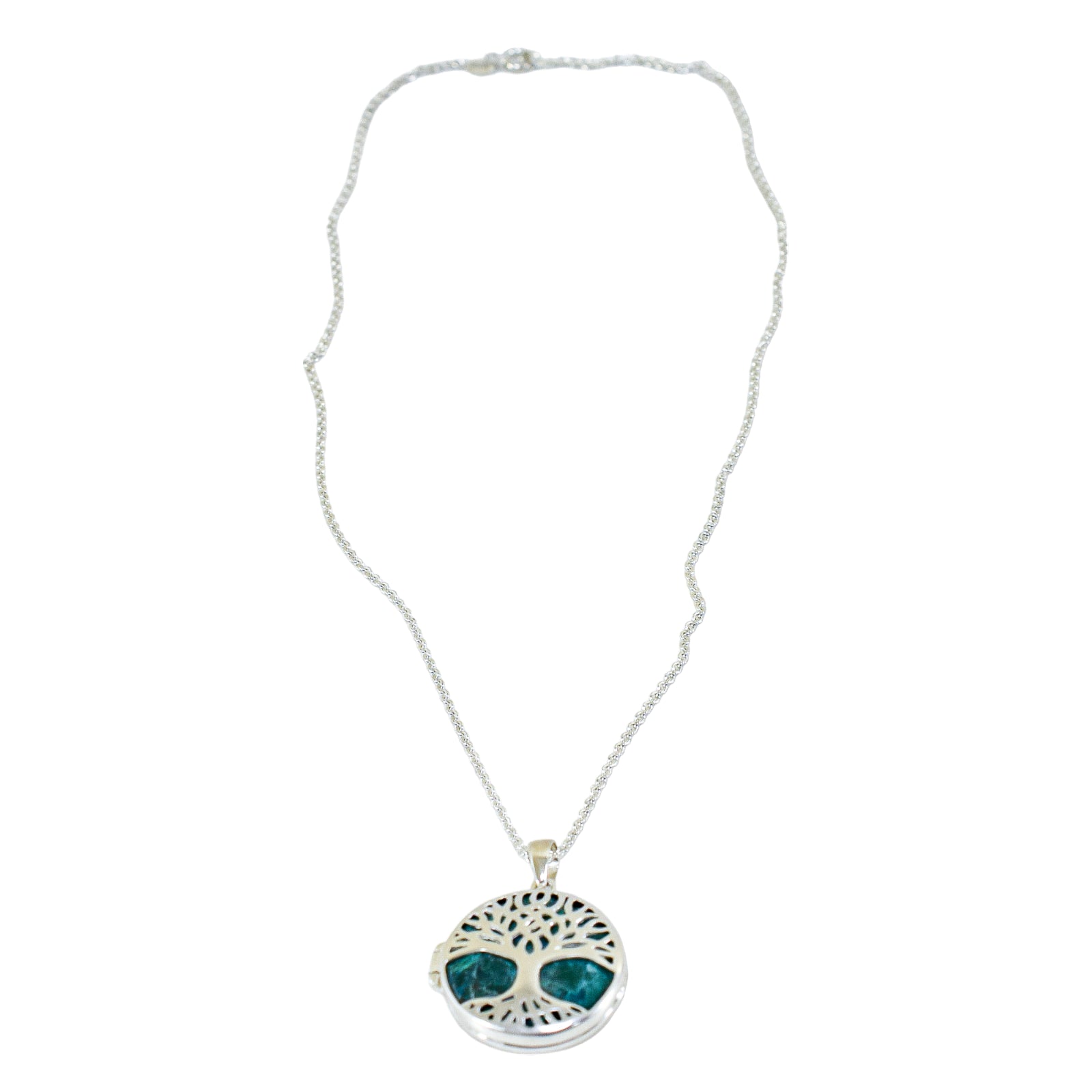 Sterling silver Tree of Life locket pendant necklace with green Chrysocolla stone