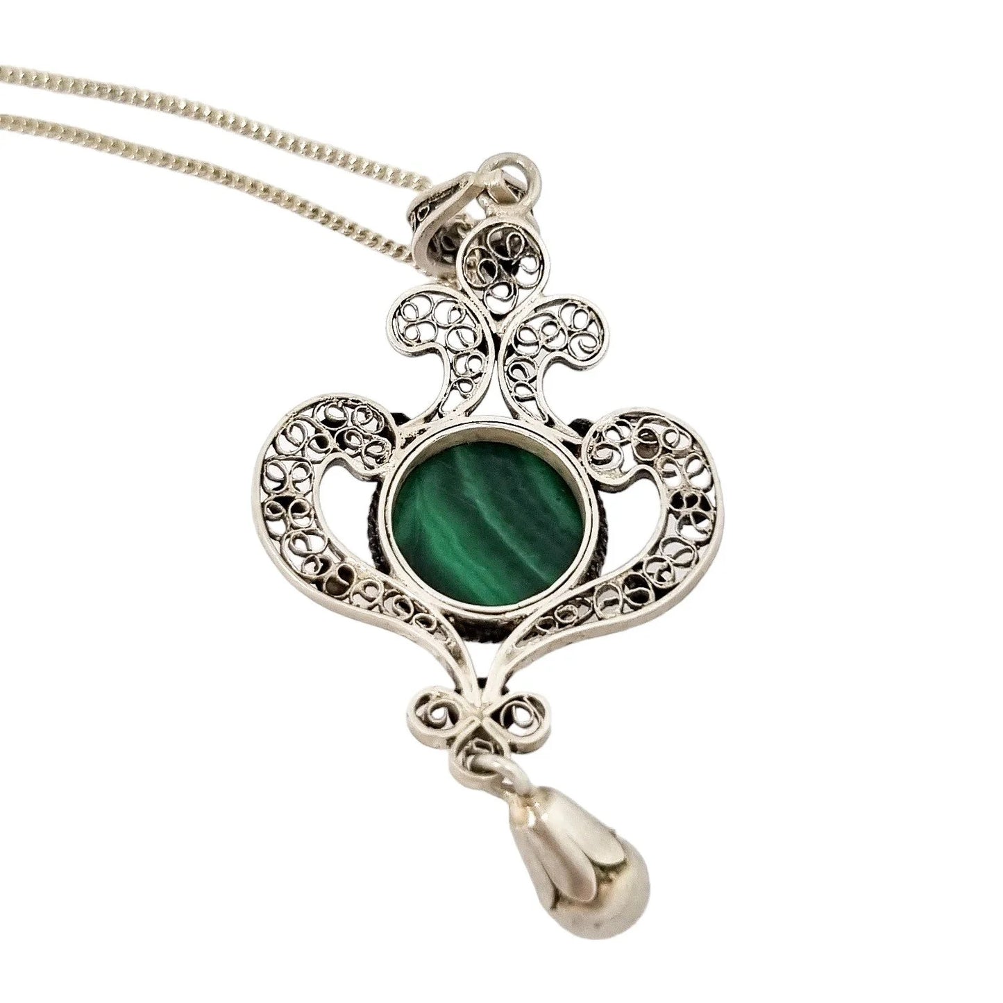 Art Nouveau silver filigree lavaliere malachite pendant necklace