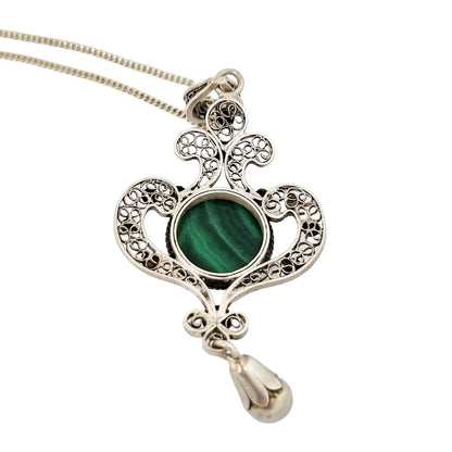 Art Nouveau silver filigree lavaliere malachite pendant necklace