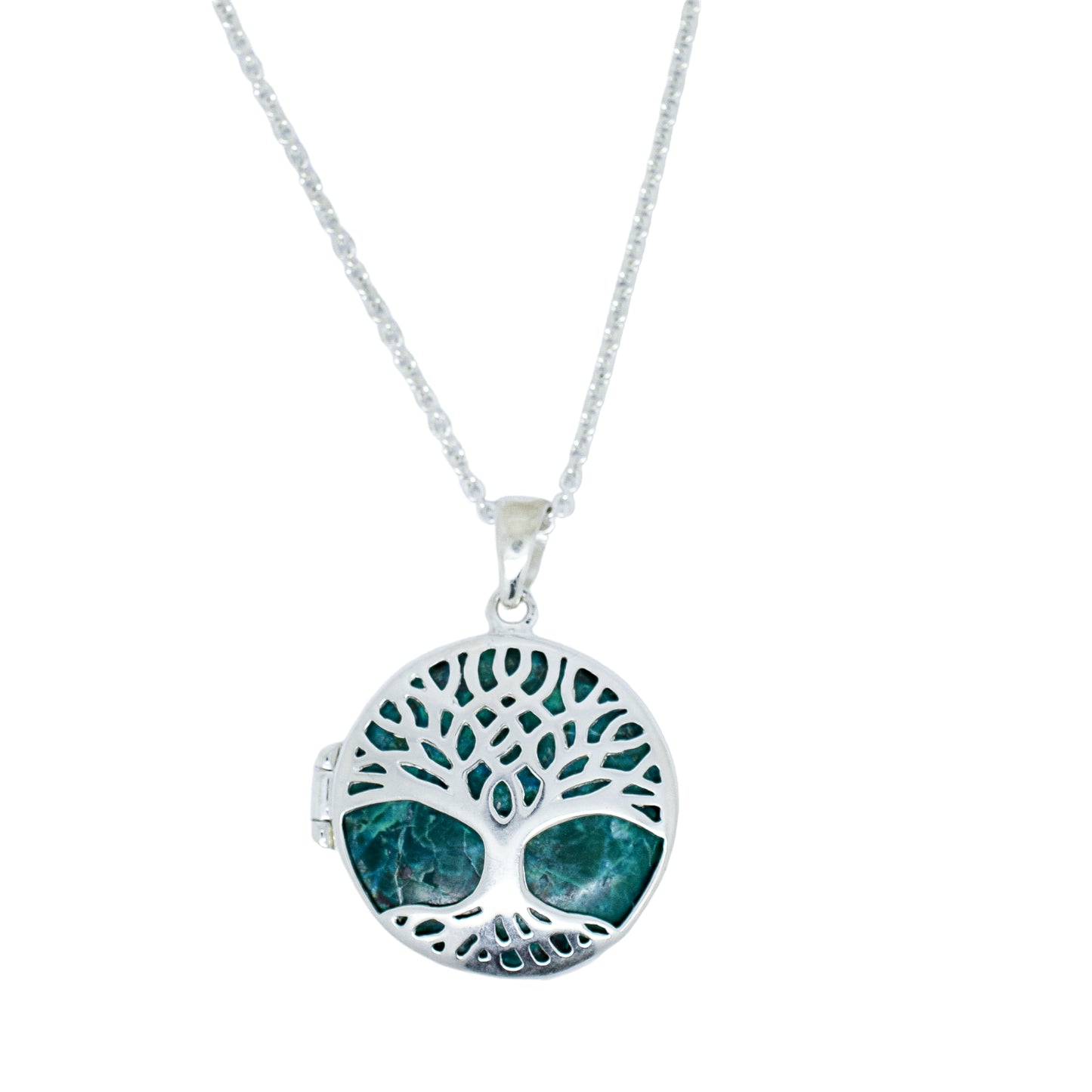 Sterling silver Tree of Life locket pendant necklace with green Chrysocolla stone