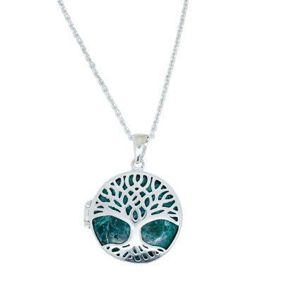 Sterling silver Tree of Life locket pendant necklace with green Chrysocolla stone