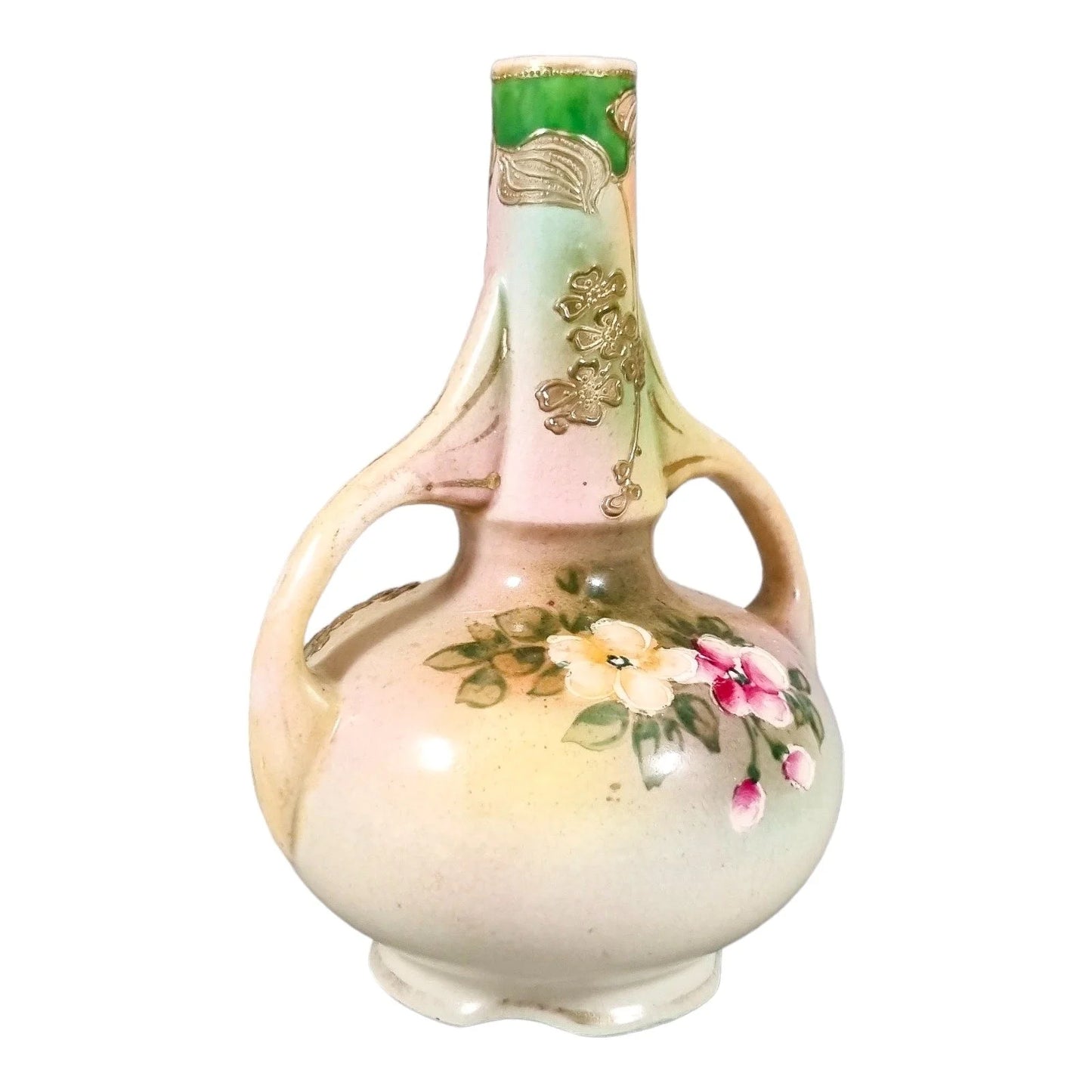 Japanese two-handle baluster bottle vase hand-painted with flowers, gilded and signed