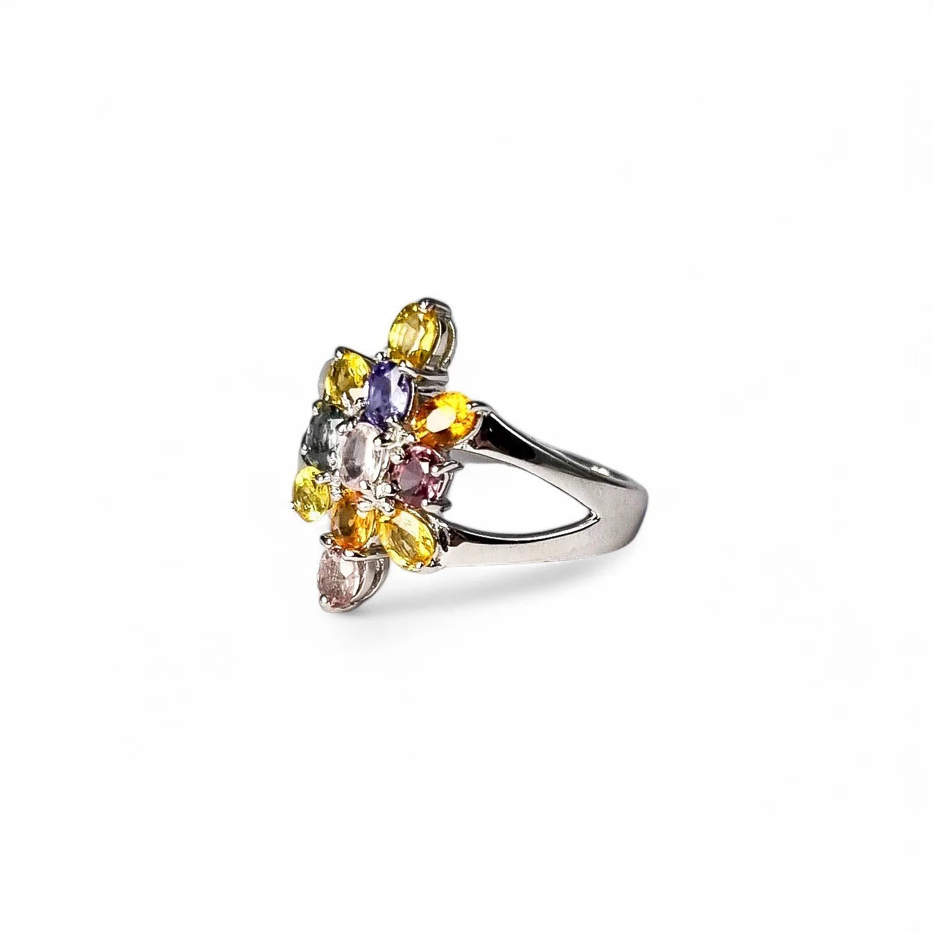 2ct multicolour sapphire 9ct white gold cluster ring, six-colour floral design, N 1/2