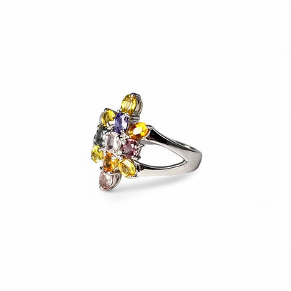 2ct multicolour sapphire 9ct white gold cluster ring, six-colour floral design, N 1/2