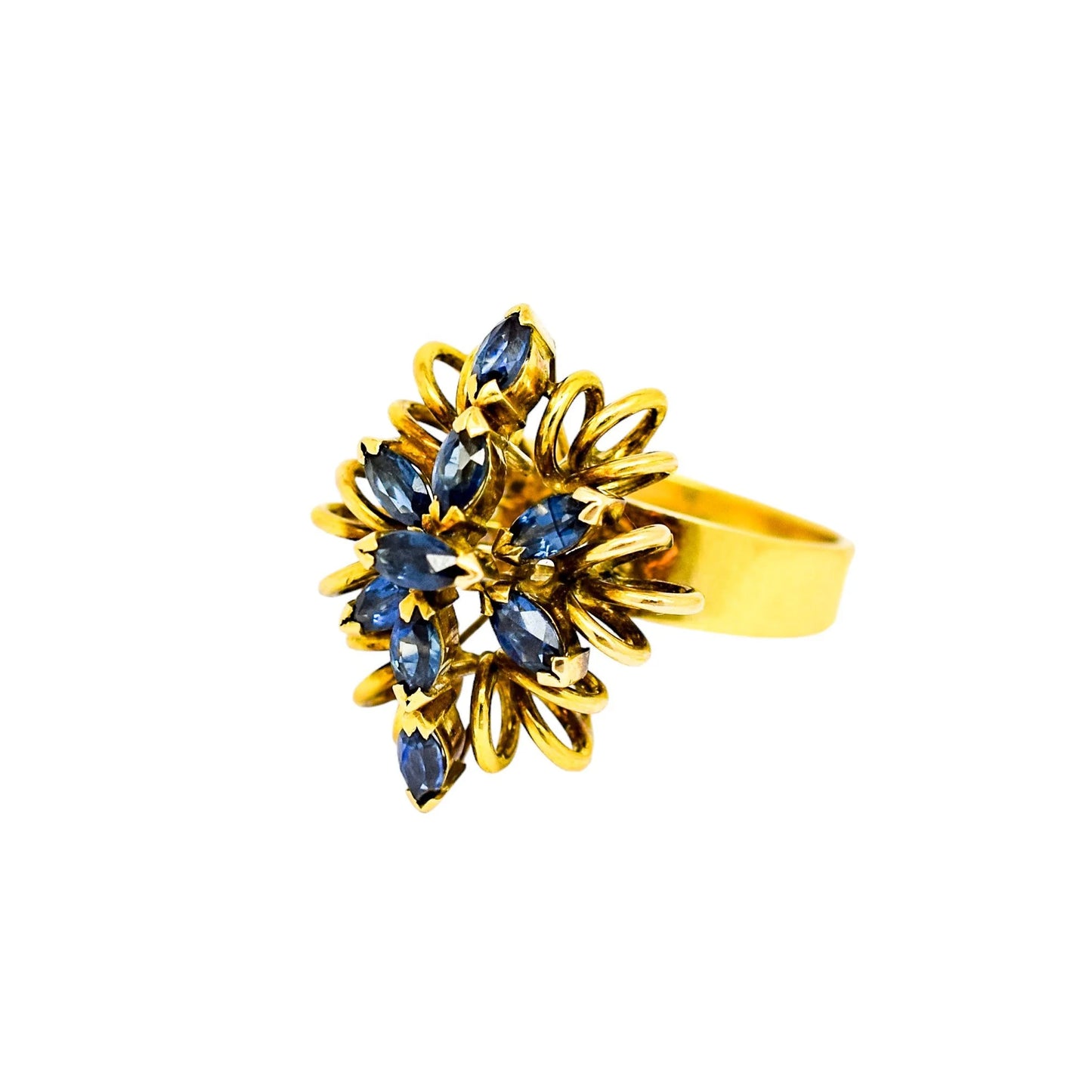 Vintage 14ct yellow gold sapphire navette floral cluster statement ring, 6.86g, M ½