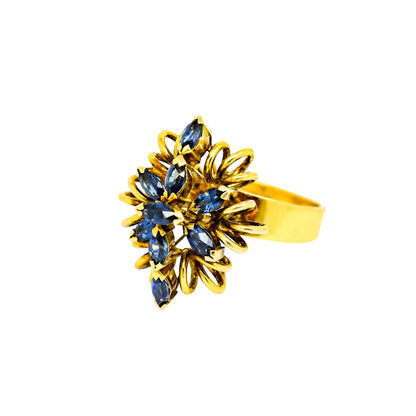 Vintage 14ct yellow gold sapphire navette floral cluster statement ring, 6.86g, M ½