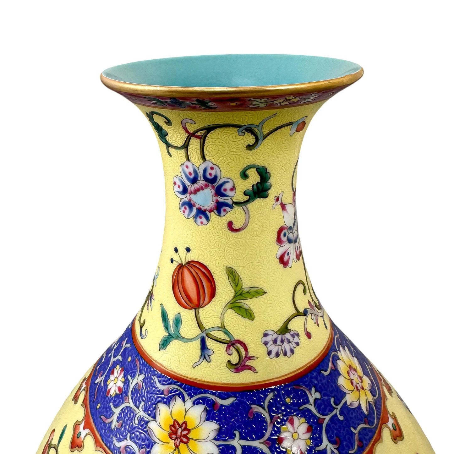 Chinese Guangxu yellow ground Yangcai floral Yuhuchunping porcelain vase in Qianlong style