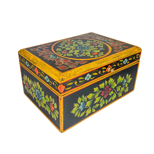 Vintage wooden Mexican dorada style brightly floral painted work box / jewellery chest