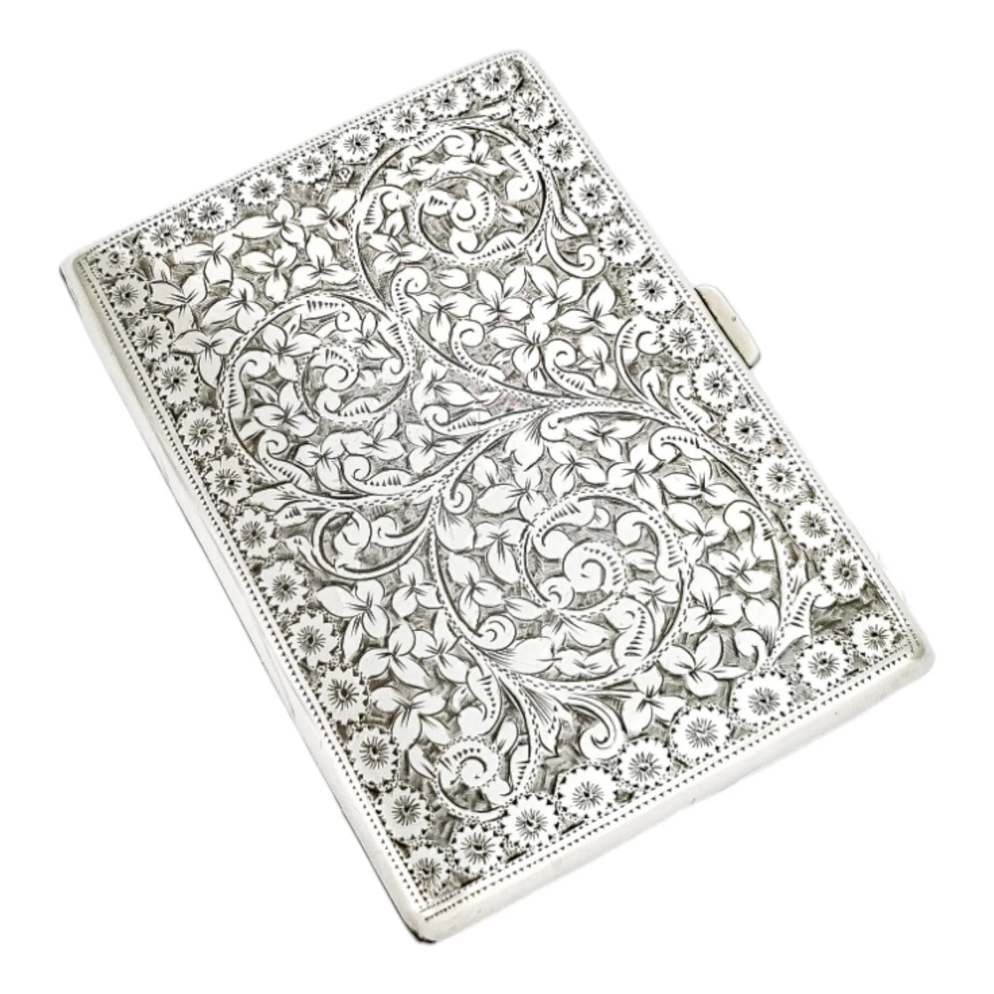 Victorian Chester sterling silver large silk concertina card case, engraved with scrolls