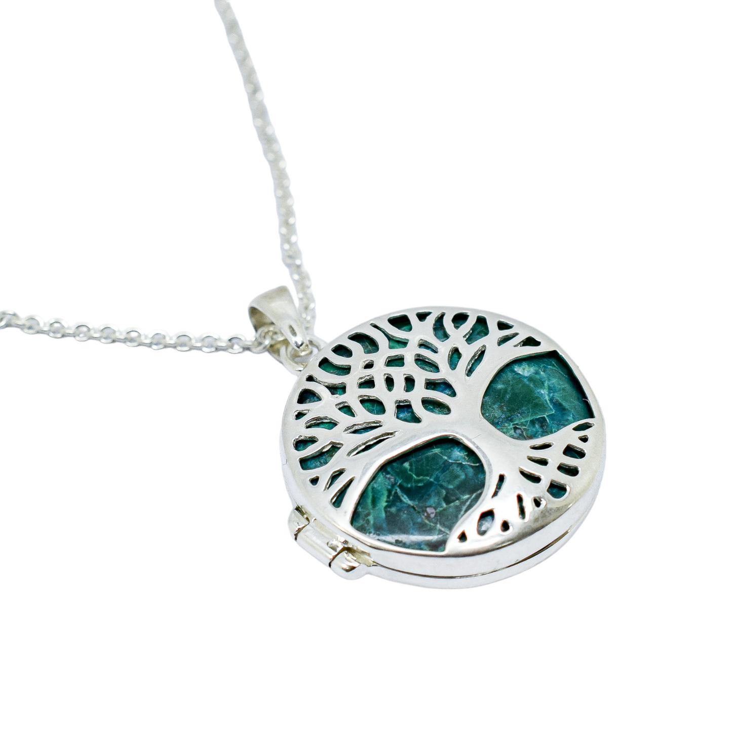 Sterling silver Tree of Life locket pendant necklace with green Chrysocolla stone
