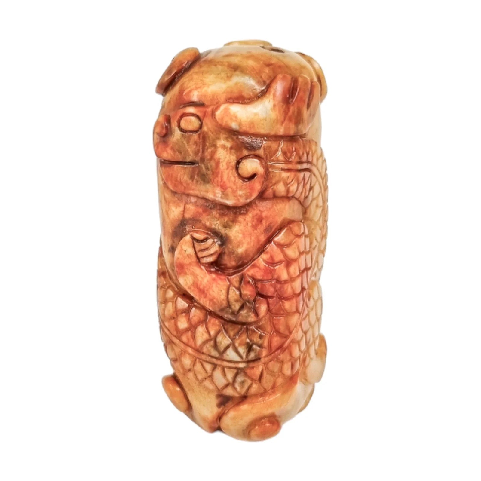 Qing dynasty beige russet jade amulet carving of coiling dragon