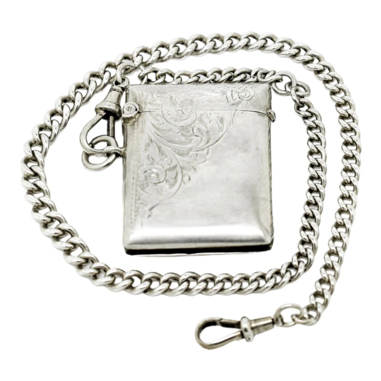 WWI sterling silver vesta case engraved with scrolls, on a Victorian watch curb Albert chain