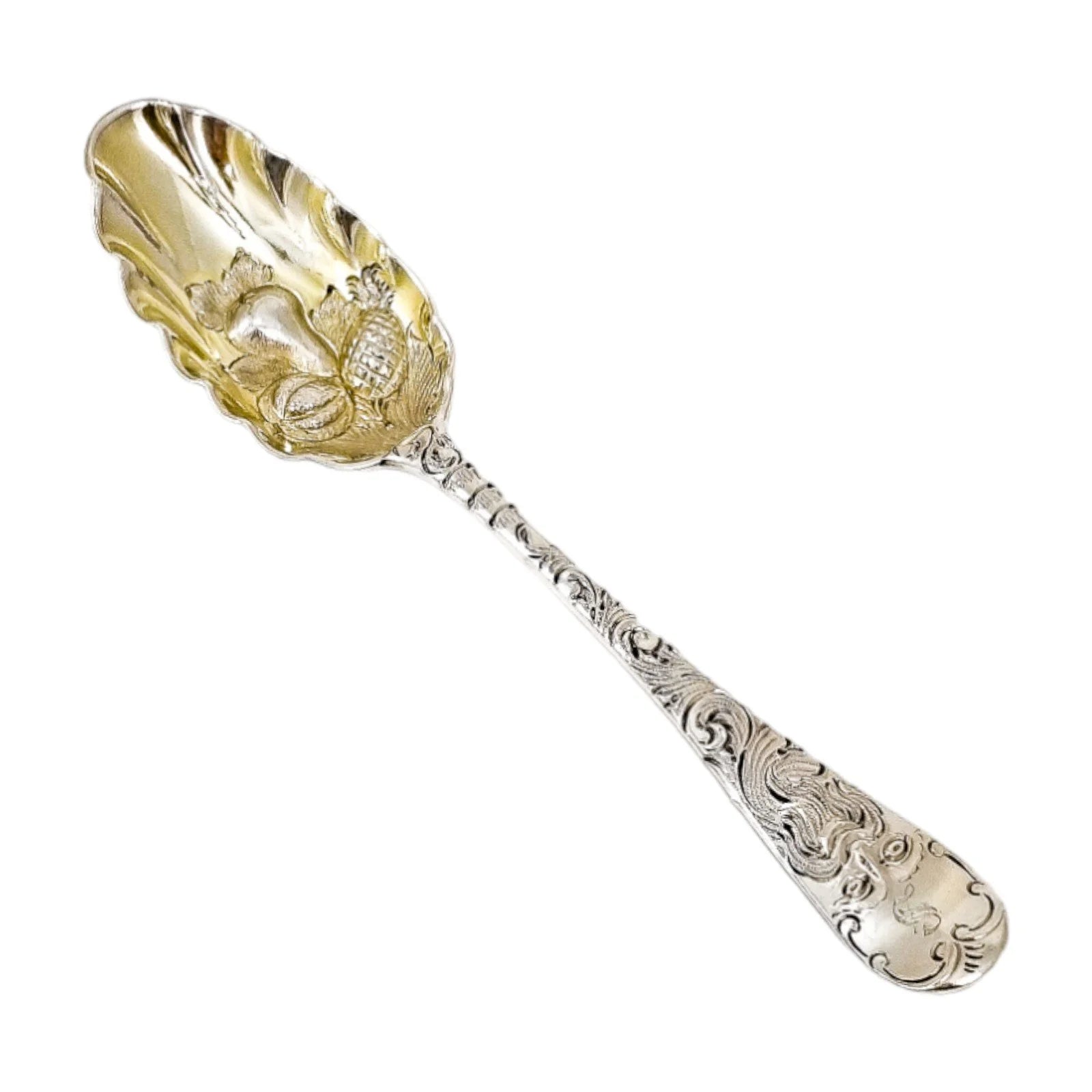 George II silver gilt berry spoon with Green Man mask