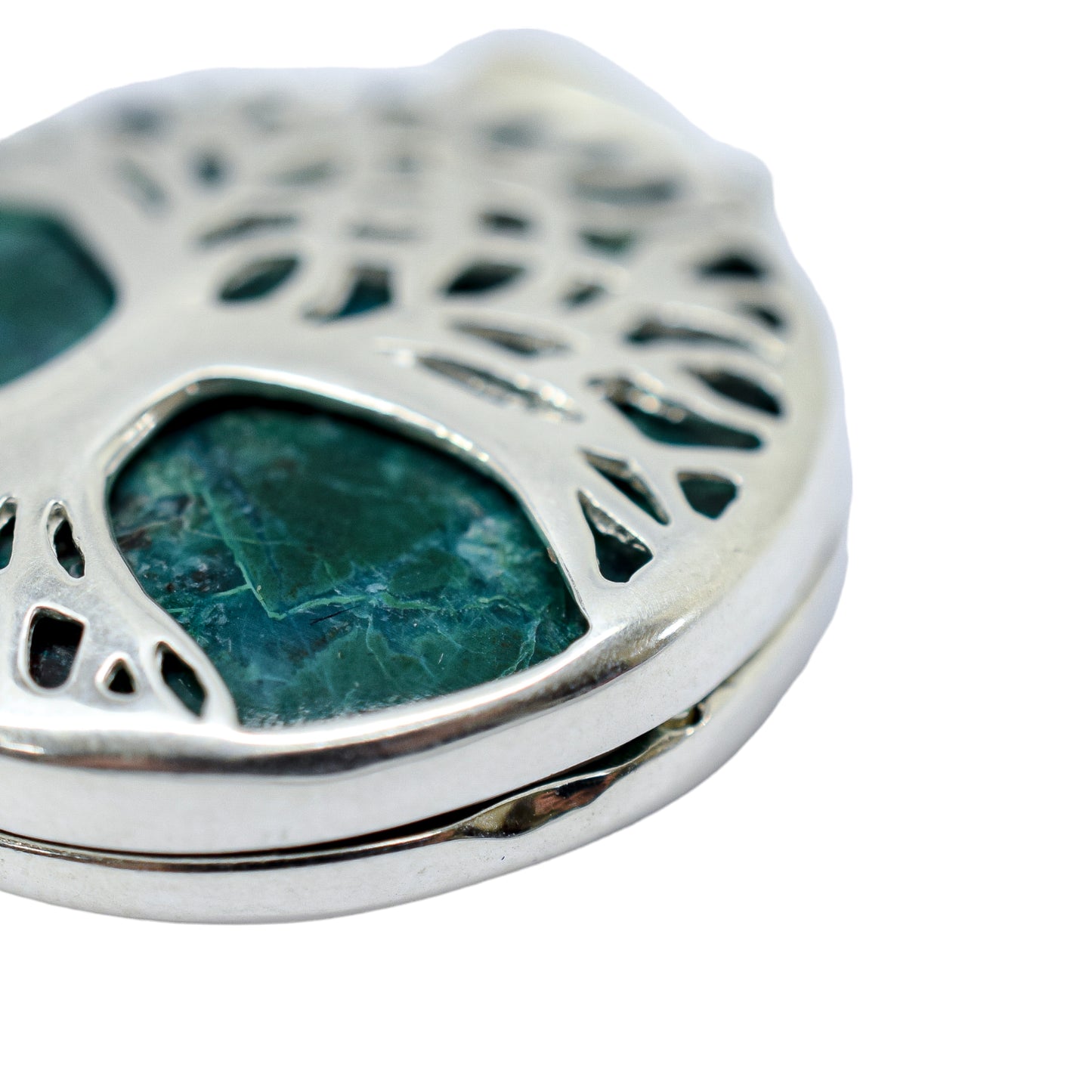 Sterling silver Tree of Life locket pendant necklace with green Chrysocolla stone