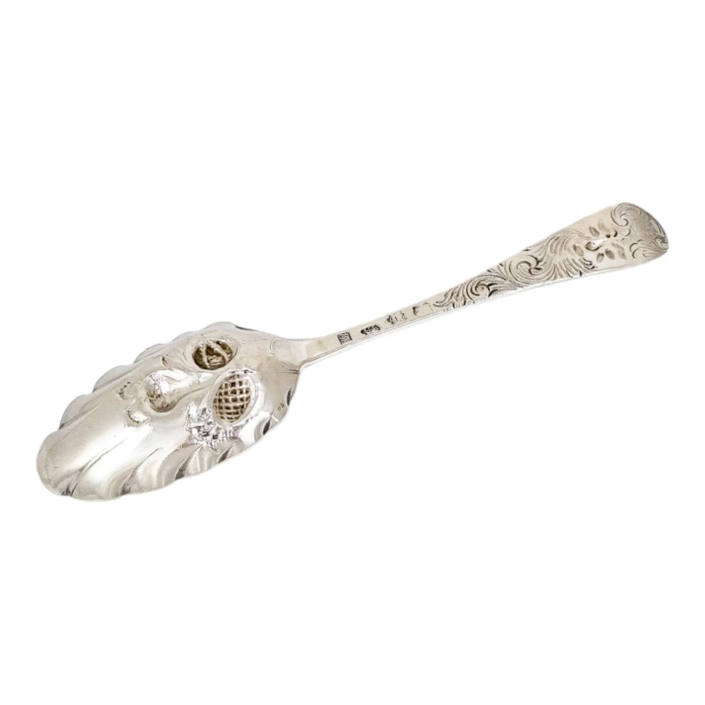 George II silver gilt berry spoon with Green Man mask