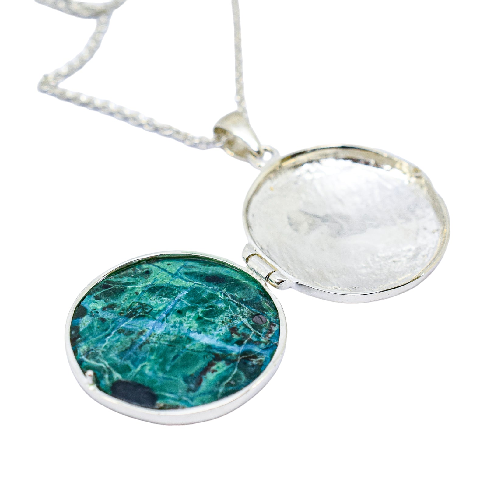 Sterling silver Tree of Life locket pendant necklace with green Chrysocolla stone