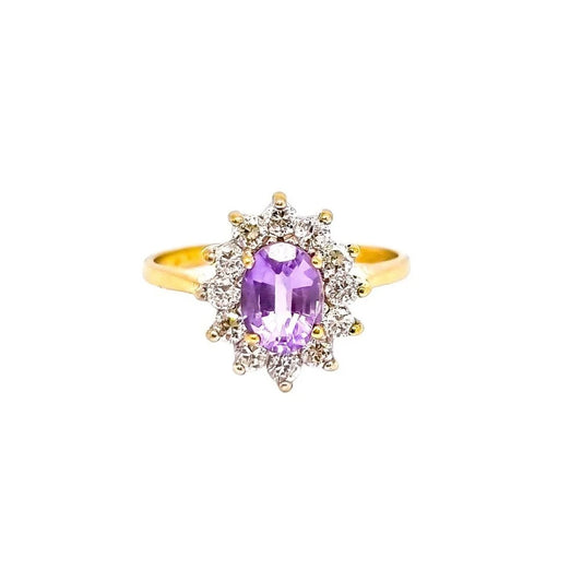 Vintage 9ct yellow gold 0.55 ct amethyst floral cluster halo cocktail ring, size J
