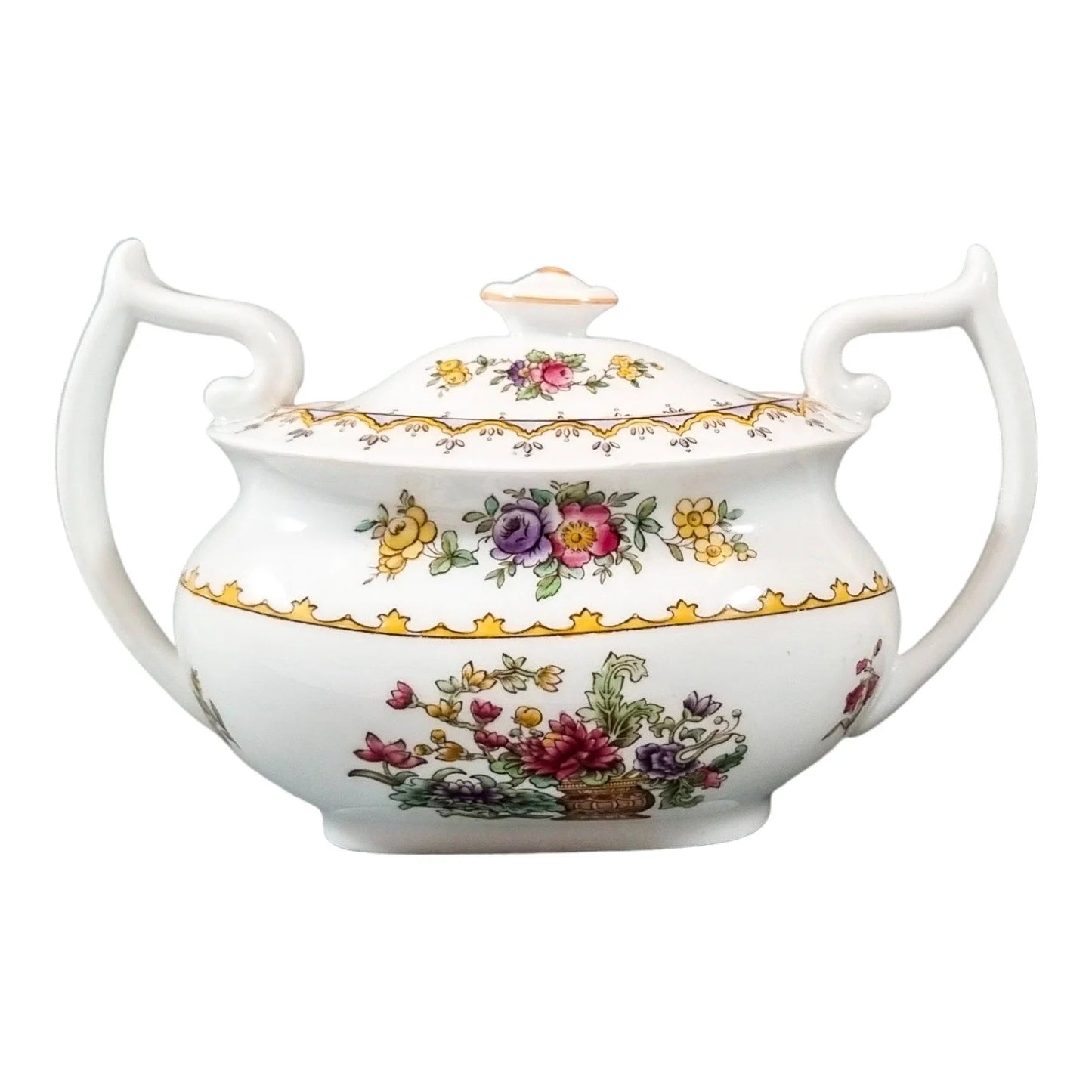 Spode bone china "Peplow" sugar bowl for Harrods, Chinoiserie flowers Rd. 568948